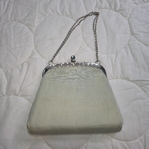 Vintage Silver Floral Frame Satin Evening Clutch Bag With Chain Strap